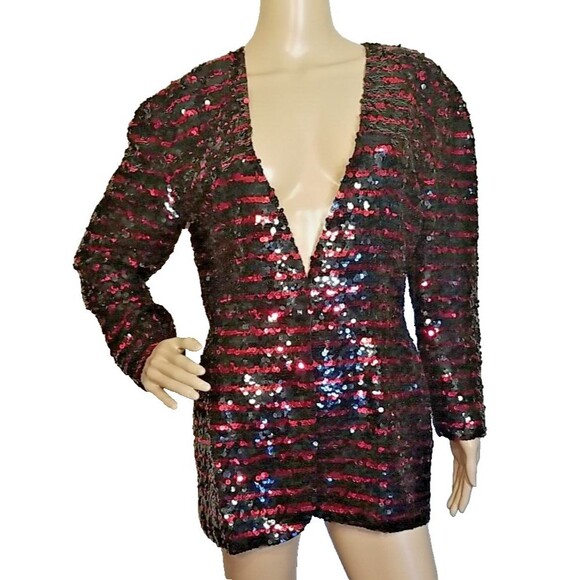 Vintage Sequin Silk Jacket By Black Tie Red Black sequined Size 6 Blazer T27 - Picture 1 of 12